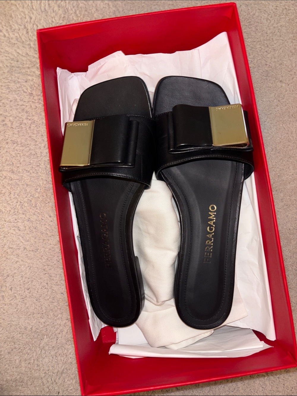 Salvatore Ferragamo Black Lambskin Leather Lyana Sandals (Box and DB INCLUDED)